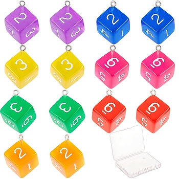 SUNNYCLUE 14Pcs 7 Colors Acrylic Pendants, with Iron Finding, Dice, Mixed Color, 28x21x16mm, Hole: 2mm, 2pcs/color
