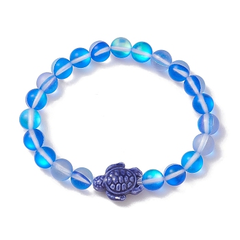 8mm Round Dyed Synthetic Moonstone Beaded Stretch Bracelets, Beach Tortoise Handmade Porcelain Bracelets for Women, Royal Blue, Inner Diameter: 2 inch(5.2cm), Bead: 8mm, Tortoise: 18.5x15mm