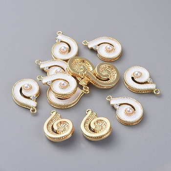 Brass Enamel Pendants, with Acrylic Pearl and Rhinestone, Conch Shape, Real 18K Gold Plated, White, 16.5x11x4.4mm, Hole: 1mm