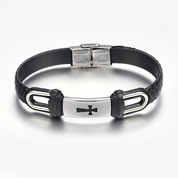 PU Leather Braided Cord Bracelets, with 304 Stainless Steel Finding, Rectangle with Cross, Black, 230mm, 10~16x2.5~8.5mm