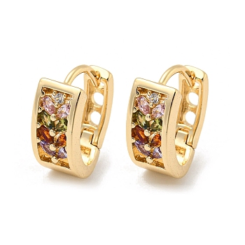 Brass Micro Pave Colorful Cubic Zirconia Hoop Earrings, Leaf, Light Gold, 15x6.5mm