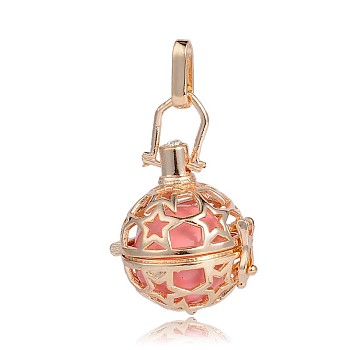 Golden Plated Brass Hollow Round Cage Pendants, with No Hole Spray Painted Brass Round Beads, Pink, 35x25x21mm, Hole: 3X8mm