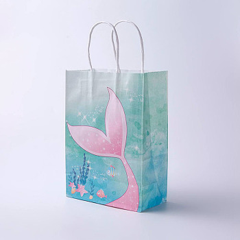 kraft Paper Bags, with Handles, Gift Bags, Shopping Bags, Ocean Theme, Rectangle, Pale Turquoise, 21x15x8cm