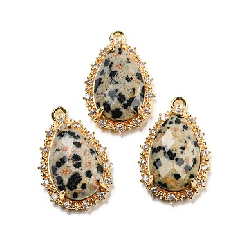 Natural Dalmatian Jasper Faceted Pendants, Rack Plating Brass Pave Clear Cubic Zirconia Teardrop Charms, Golden, 23.5~24x15~15.5x6mm, Hole: 1.2mm