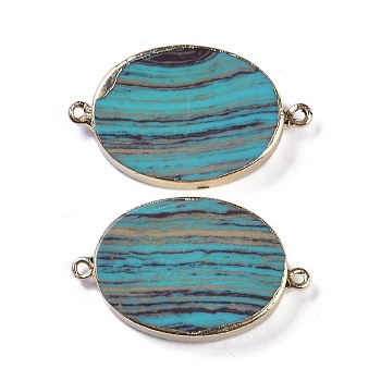 Synthetic Picture Jasper Dyed Connector Charms, Oval Links with Brass Findings, Dark Cyan, Golden, 43x25x7mm, Hole: 2mm