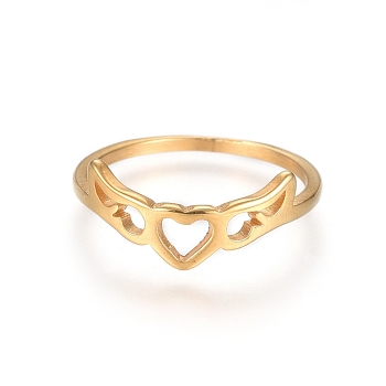 Ion Plating(IP) 304 Stainless Steel Finger Rings, Heart with Wing, Golden, Size 5~8, 15~18mm