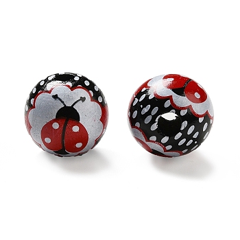Printed Wood Round Beads, Red & Black, Ladybug Pattern, 15.5~16x14.5~15mm, Hole: 3.5~5mm