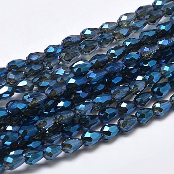 Faceted Teardrop Full Rainbow Plated Glass Bead Strands, Marine Blue, 5x3mm, Hole: 1mm, about 100pcs/strand, 17.7 inch~19.6 inch