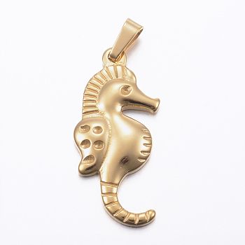 Ion Plating(IP) 304 Stainless Steel Pendant Rhinetsone Settings, Sea Horse, Golden, 37x17x3.5mm, Hole: 8x4mm, Fit for 1.5mm Rhinestone