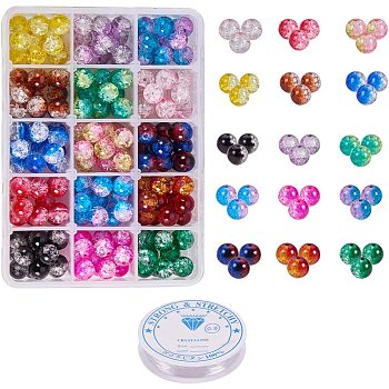 Spray Painted Crackle Glass Beads, Round, with Crystal Thread, Mixed Color, 8mm, Hole: 1.3~1.6mm, about 26~32pcs/color, about 390~480pcs/box