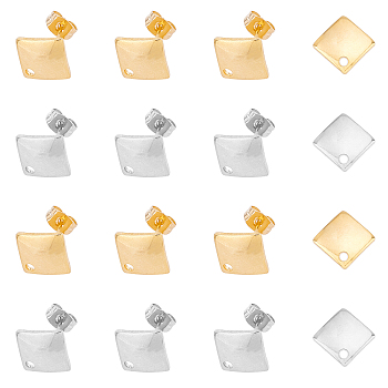 304 Stainless Steel Stud Earring Findings, with Ear Nuts & Loop, Rhombus, Golden & Stainless Steel Color, 13.5x13.5mm, Hole: 1.6mm, Pin: 0.8mm, 20pair/box