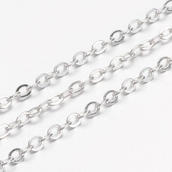 Brass Cable Chains, Soldered, with Spool, Flat Oval, Cadmium Free & Lead Free, Silver Color Plated, 2.5x2x0.45mm
