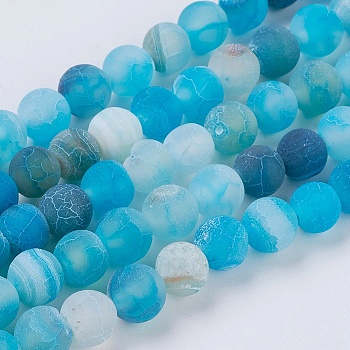 Natural Weathered Agate Beads Strands, Dyed, Frosted, Round, Deep Sky Blue, 6mm, Hole: 1mm, about 64pcs/strand, 13.6 inch