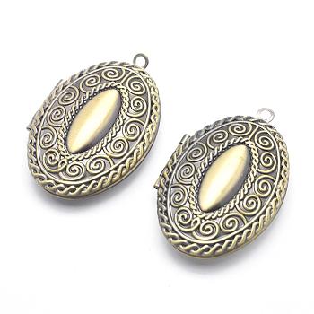 Brass Locket Pendants, Photo Frame Charms for Necklaces, Cadmium Free & Nickel Free & Lead Free, Oval, Brushed Antique Bronze, 42.5x27x10mm, Hole: 2mm, Inner Size: 18x29mm