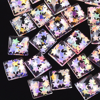 Resin Cabochons, with Paillette, Square, Colorful, 14x14x5mm