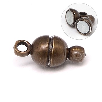Brass Magnetic Clasps with Loops, Oval, Nickel Free, Antique Bronze, 11x5mm, Hole: 1mm
