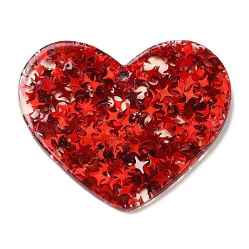 Acrylic with Paillettes Pendants, Heart, FireBrick, 35.5x44x2mm, Hole: 1.8mm