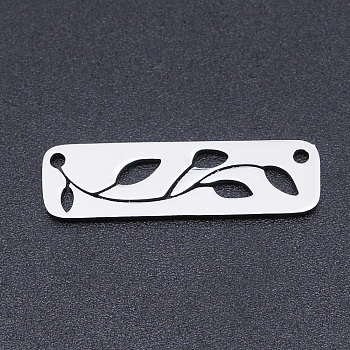 201 Stainless Steel Links connectors, Rectangle with Leaf, Stainless Steel Color, 26x7x1mm, Hole: 1.4mm