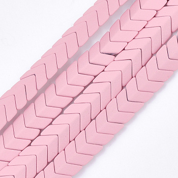Spray Painted Non-magnetic Synthetic Hematite Beads Strands, Matte Style, Arrow/Chevron, Pink, 7x8x4mm, Hole: 1mm, about 89pcs/strand, 16.1 inch