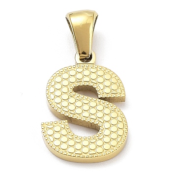 Ion Plating(IP) 316L Surgical Stainless Steel Pendants, Real 18K Gold Plated, Letter Charm, Textured, Letter S, 17x11.5x1.6mm, Hole: 3.5mm