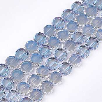 Electroplate Glass Beads Strands, Half Plated, Faceted, Flat Round, Light Steel Blue, 8~8.5x3.5mm, Hole: 1mm, about 80pcs/strand, 24.8 inch
