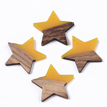 Transparent Resin & Wood Pendants, Star, Yellow, 26x28x4mm, Hole: 1.6mm