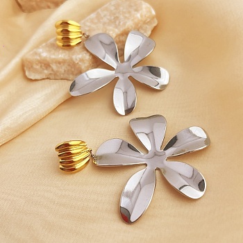 304 Stainless Steel Dangle Stud Earrings, Real 18K Gold Plated & Stainless Steel Color, Flower, 73x56mm