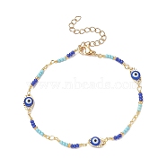 Brass Evil Eye Link Chain Bracelet with Glass Beaded for Women, Colorful, 7-1/2 inch(19cm)(BJEW-JB09385)