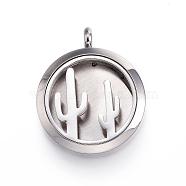 304 Stainless Steel Diffuser Locket Pendants, with Perfume Pad and Magnetic Clasps, Flat Round with Cactus, Black, 36.5~37x30x6.5~7mm, Hole: 5mm(STAS-D157-20I)