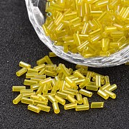 Tube Transparent Colours Rainbow Plated Glass Bugle Beads, Yellow, 3~5x1.8~2mm, Hole: 0.8mm, about 1200pcs/50g(X-SEED-I001-170)