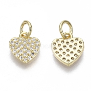 Brass Micro Pave Cubic Zirconia Charms, with Jump Ring, Nickel Free, Heart, Clear, Real 18K Gold Plated, 10x9x1.5mm, Hole: 3mm(ZIRC-R109-020G-NF)