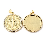 Rack Plating Brass Micro Pave Cubic Zirconia Pendants, Cadmium Free & Lead Free, Long-Lasting Plated, Flat Round with Saint Benedict Charm, Religion Theme, Real 18K Gold Plated, 30x27x2.5mm, Hole: 4.2x3.4mm(KK-C021-10G-02)