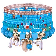 11Pcs Boho Seed Beads Stretch Bracelets Set, Multilayered Stackable Bracelets, Colorful Shell Beaded Charm Surfer Bracelets for Women, Blue, Inner Diameter: 1-3/4~2-1/8 inch(4.5~5.5cm)(JB738A)