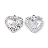 Alloy Crystal Rhinestone Pendants, Heart with Flower Charms, Platinum, 18.5x18x2.5mm, Hole: 2mm(ALRI-C008-31P)