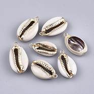 Electroplate Cowrie Shell Pendants, with Iron Findings, Light Gold, 23~26x12~15x7~8mm, Hole: 1.8mm(SSHEL-T007-07)