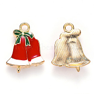 Alloy Enamel Pendants, for Christmas, Jingle Bell, Light Gold, Red, 21x16x3mm, Hole: 2mm(ENAM-S121-012)