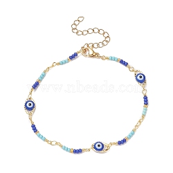 Brass Evil Eye Link Chain Bracelet with Glass Beaded for Women, Colorful, 7-1/2 inch(19cm)(BJEW-JB09385)