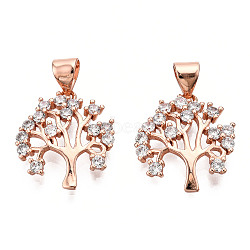 Brass Micro Pave Cubic Zirconia Pendants, Tree of Life, Clear, Rose Gold, 18x15.5x2.5mm, Hole: 3.5x4.5mm(ZIRC-T006-05RG)