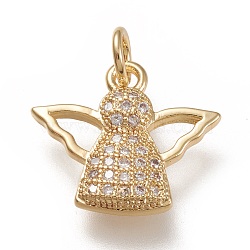 Brass Micro Pave Clear Cubic  Zirconia Pendants, with Jump Rings, Angel, Real 18K Gold Plated, 14x16x2.5mm, Jump Ring: 5x1mm, 3mm Inner Diameter(ZIRC-L099-032G)