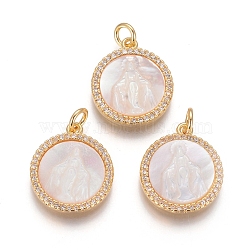 Brass Pendants, with Micro Pave Cubic Zirconia, Shell and Jump Rings, Flat Round with Virgin Mary, Clear, Golden, 17.5x15x3mm, Hole: 3mm(KK-I656-42G-01)
