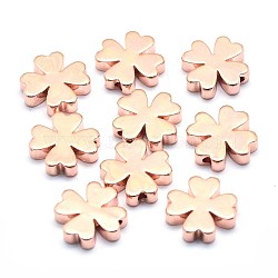 Brass Beads, Lead Free & Cadmium Free & Nickel Free, Clover, Real Rose Gold Plated, 10x10x2.5mm, Hole: 1.2mm(KK-P155-77RG-NR)