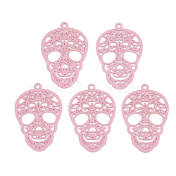 430 Stainless Steel Filigree Pendants, Spray Painted, Etched Metal Embellishments, Skull, Flamingo, 23x15x0.5mm, Hole: 1.2mm(X-STAS-S108-23E)