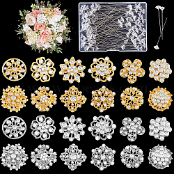 Flower Alloy Rhinestone Brooch Pins, with Plastic Diamond Head Straight Pins, Mixed Color, , Straight Pins: 54x8.5mm, 200pcs, Brooch Pin: 19~28x19.5~28mm, 24pcs(JEWB-GL0001-02)