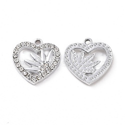Alloy Crystal Rhinestone Pendants, Heart with Flower Charms, Platinum, 18.5x18x2.5mm, Hole: 2mm(ALRI-C008-31P)
