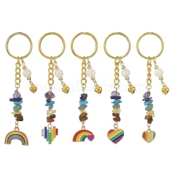 Rainbow Color Alloy Enamel Pendant Keychains, with Chakra Gemstone Chip Beads for Women Bag Car Key Pendant, Rainbow/Heart, 10.3~10.6cm(KEYC-JKC00546)