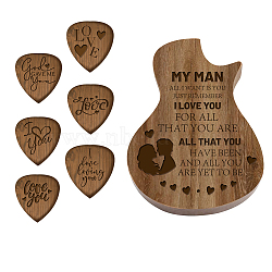 Guitar Shaped Wooden Guitar Picks Box, with 6 Pcs Traingle Wood Guitar Picks, Lover Pattern, 32x27x2.5mm, 6pcs/set(WOOD-WH0116-009)
