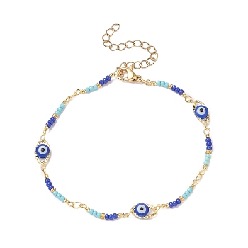 Brass Evil Eye Link Chain Bracelet with Glass Beaded for Women, Colorful, 7-1/2 inch(19cm)