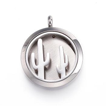 304 Stainless Steel Diffuser Locket Pendants, with Perfume Pad and Magnetic Clasps, Flat Round with Cactus, Black, 36.5~37x30x6.5~7mm, Hole: 5mm