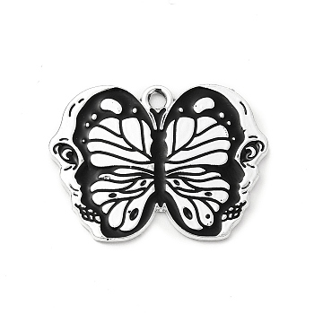 Halloween Alloy Enamel Pendants, Butterfly with Skull Charm, Platinum, Black, 20.5x28x1mm, Hole: 2mm