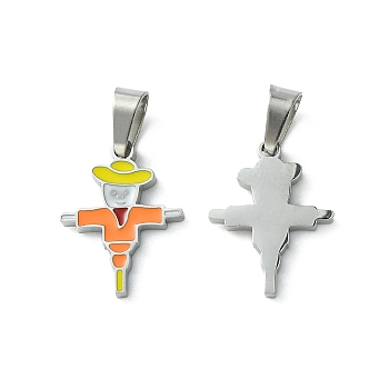304 Stainless Steel Manual Polishing Pendants, with Enamel and 201 Stainless Steel Clasp, Scarecrow Charms, Stainless Steel Color, 17.5x12x1.5mm, Hole: 3x5.5mm